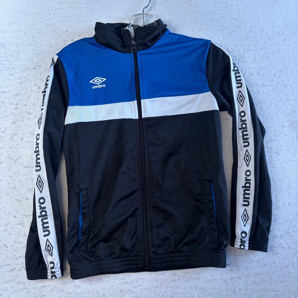 Umbro Track Jacket Boys Medium Black Blue White Tape Logo Full Zip Soccer
